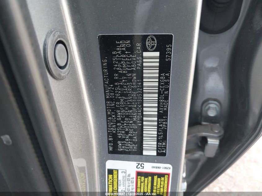 2025 Toyota Camry Xle VIN: 4T1DAACK1SU532141 Lot: 43924647