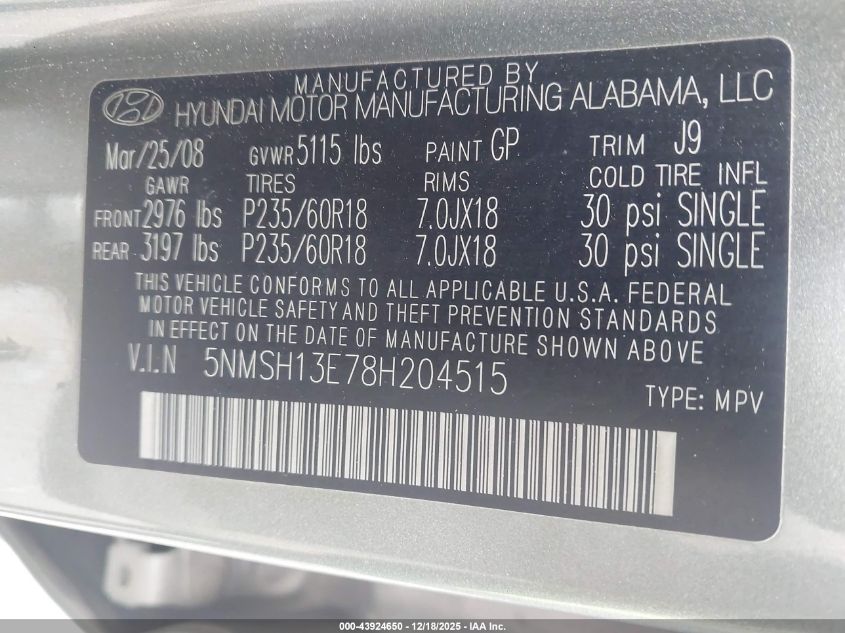 2008 Hyundai Santa Fe Limited/Se VIN: 5NMSH13E78H204515 Lot: 43924650