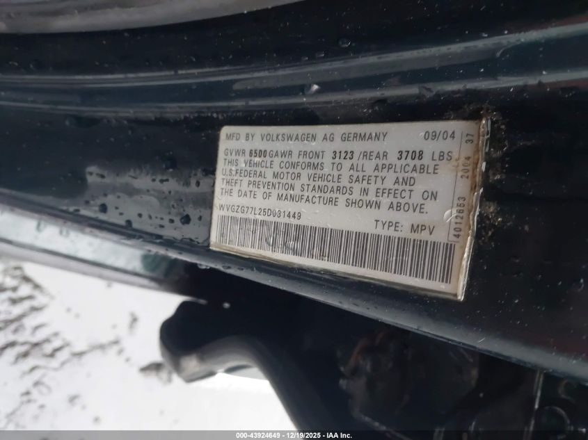 2005 Volkswagen Touareg 3.2 VIN: WVGZG77L25D31449 Lot: 43924649