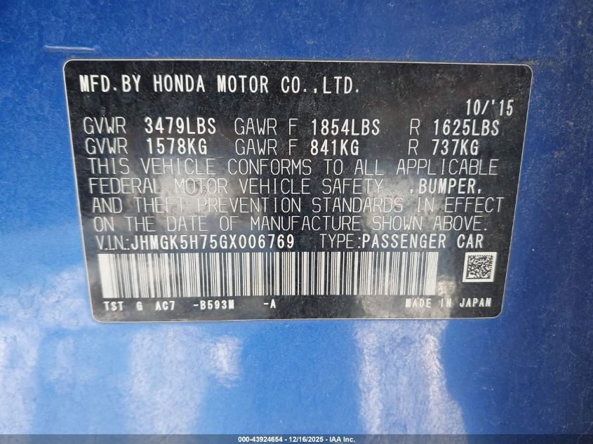 2016 Honda Fit Ex VIN: JHMGK5H75GX006769 Lot: 43924654