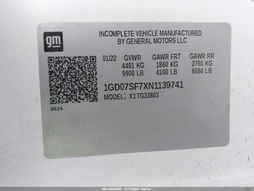 2022 GMC Savana Cutaway Work Van VIN: 1GD07SF7XN1139741 Lot: 43924658