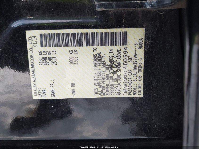 2014 Nissan Maxima 3.5 Sv VIN: 1N4AA5APXEC460594 Lot: 43924660