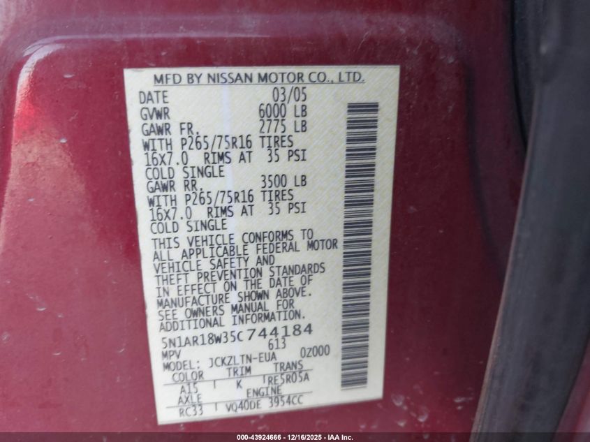 2005 Nissan Pathfinder Se Off-Road VIN: 5N1AR18W35C744184 Lot: 43924666