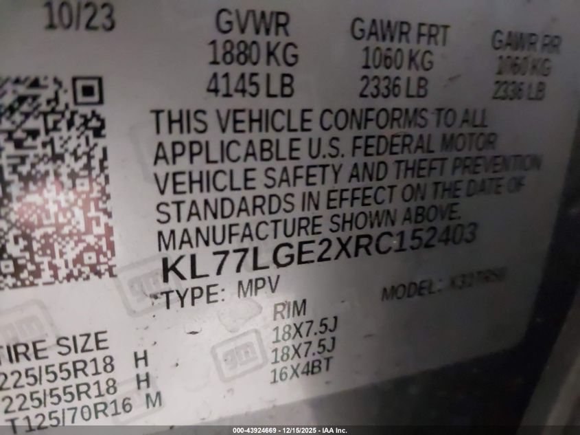 2024 Chevrolet Trax Fwd 1Rs VIN: KL77LGE2XRC152403 Lot: 43924669