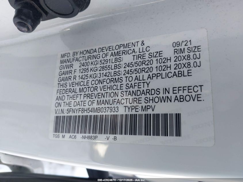 2021 Honda Passport Awd Ex-L VIN: 5FNYF8H54MB037933 Lot: 43924670