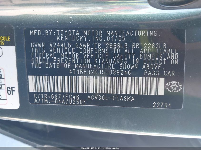 2005 Toyota Camry Se VIN: 4T1BE32K35U038246 Lot: 43924672