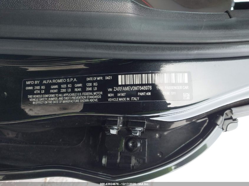 2021 Alfa Romeo Giulia Quadrifoglio Rwd VIN: ZARFAMEV0M7648976 Lot: 43924676