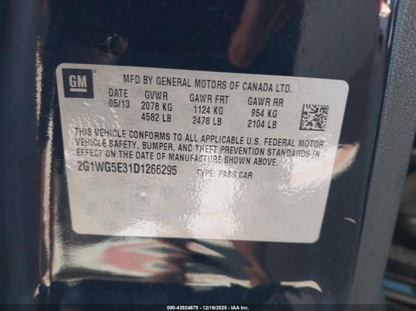 2013 Chevrolet Impala Lt VIN: 2G1WG5E31D1266295 Lot: 43924679