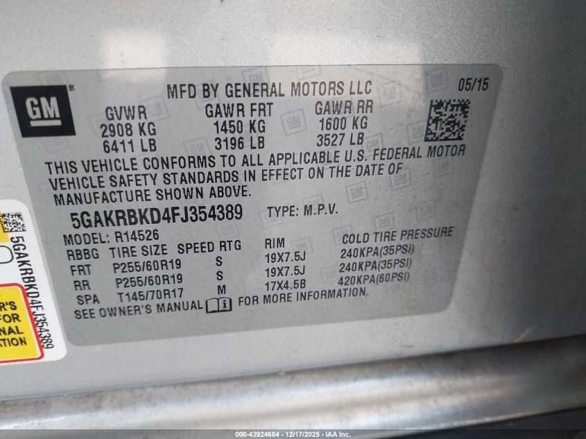 2015 Buick Enclave Leather VIN: 5GAKRBKD4FJ354389 Lot: 43924684