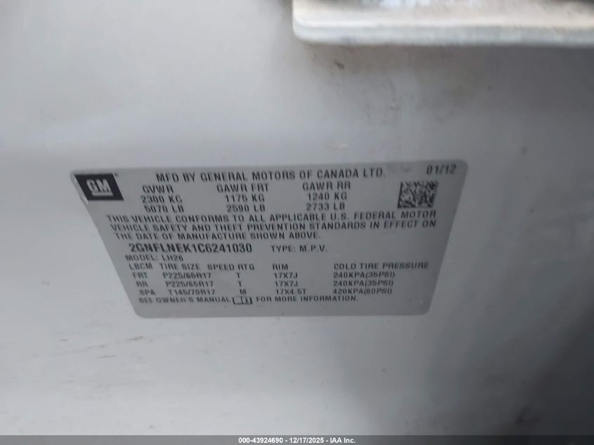 2012 Chevrolet Equinox 2Lt VIN: 2GNFLNEK1C6241030 Lot: 43924690