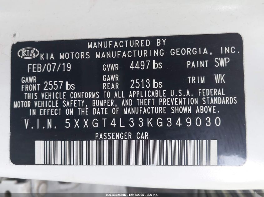 2019 Kia Optima Lx VIN: 5XXGT4L33KG349030 Lot: 43924696