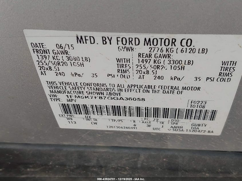 2016 Ford Explorer Limited VIN: 1FM5K7F87GGA36058 Lot: 43924701