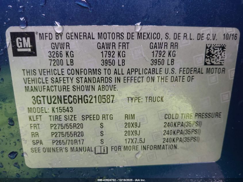 2017 GMC Sierra 1500 Slt VIN: 3GTU2NEC6HG210587 Lot: 43924702