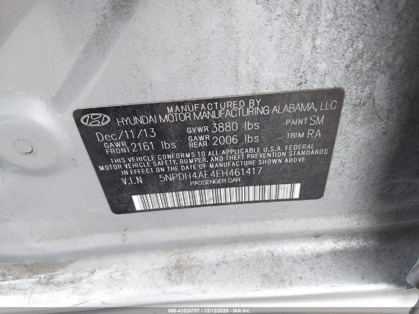 2014 Hyundai Elantra Se VIN: 5NPDH4AE4EH461417 Lot: 43924707