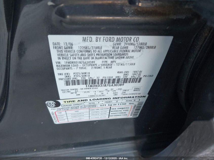 2007 Ford Freestyle Limited VIN: 1FMDK03187GA30389 Lot: 43924720