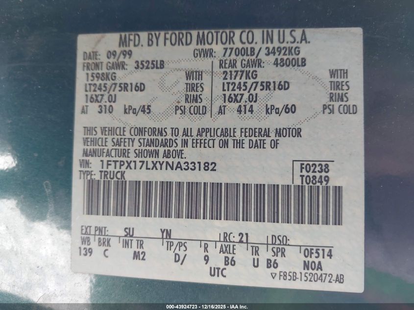 2000 Ford F-150 Lariat/Work Series/Xl/Xlt VIN: 1FTPX17LXYNA33182 Lot: 43924723