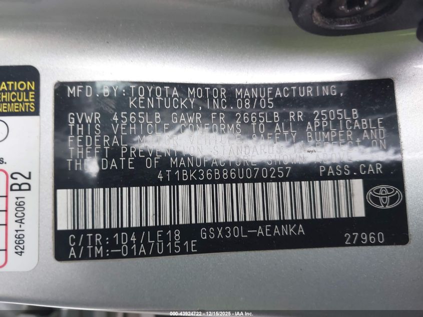 2006 Toyota Avalon Touring VIN: 4T1BK36B86U070257 Lot: 43924722