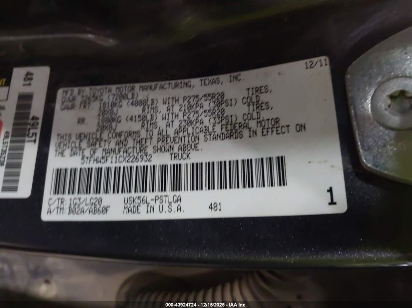 2012 Toyota Tundra Limited 5.7L V8 VIN: 5TFHW5F11CX226932 Lot: 43924724