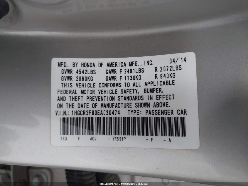 2014 Honda Accord Ex-L V-6 VIN: 1HGCR3F80EA030474 Lot: 43924738