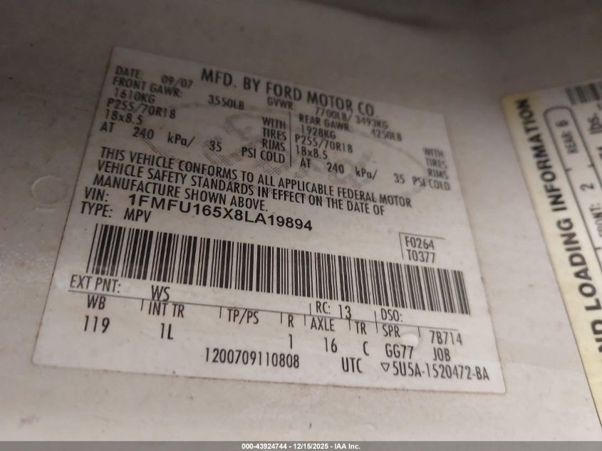 2008 Ford Expedition Xlt VIN: 1FMFU165X8LA19894 Lot: 43924744