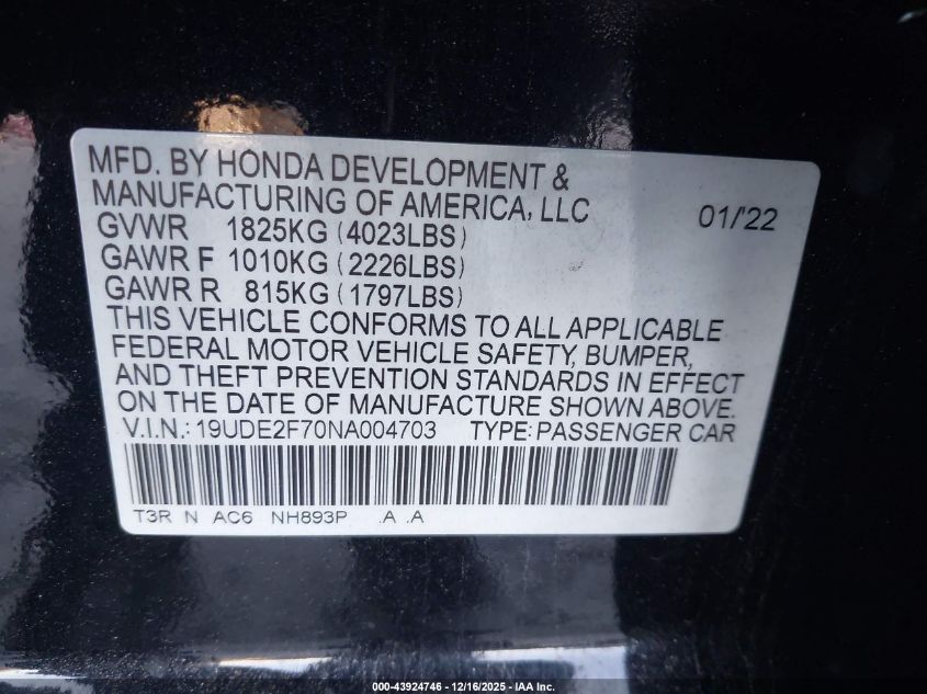 2022 Acura Ilx Premium Package VIN: 19UDE2F70NA004703 Lot: 43924746