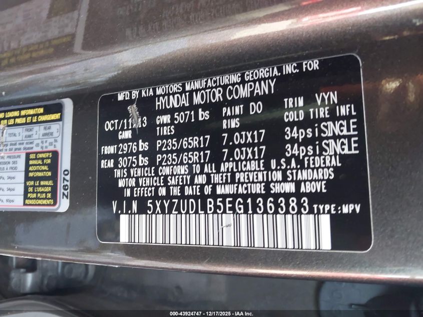 2014 Hyundai Santa Fe Sport 2.4L VIN: 5XYZUDLB5EG136383 Lot: 43924747