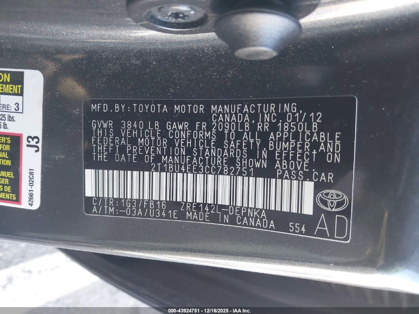 2012 Toyota Corolla Le VIN: 2T1BU4EE3CC782751 Lot: 43924751