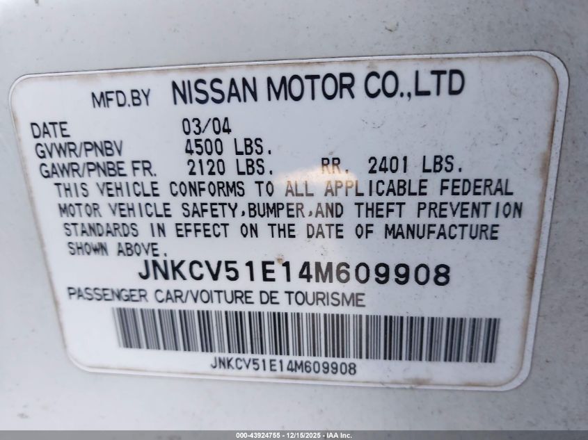 2004 Infiniti G35 VIN: JNKCV51E14M609908 Lot: 43924755