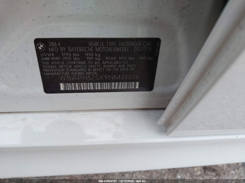 2009 BMW 328I VIN: WBAPH575X9NM33506 Lot: 43924757