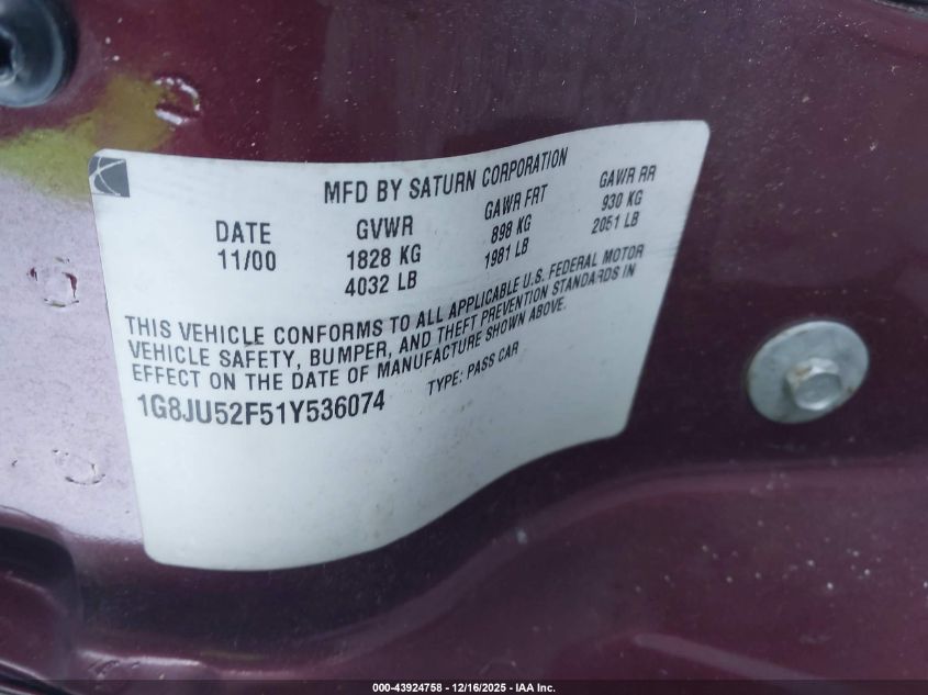 2001 Saturn L200 VIN: 1G8JU52F51Y536074 Lot: 43924758