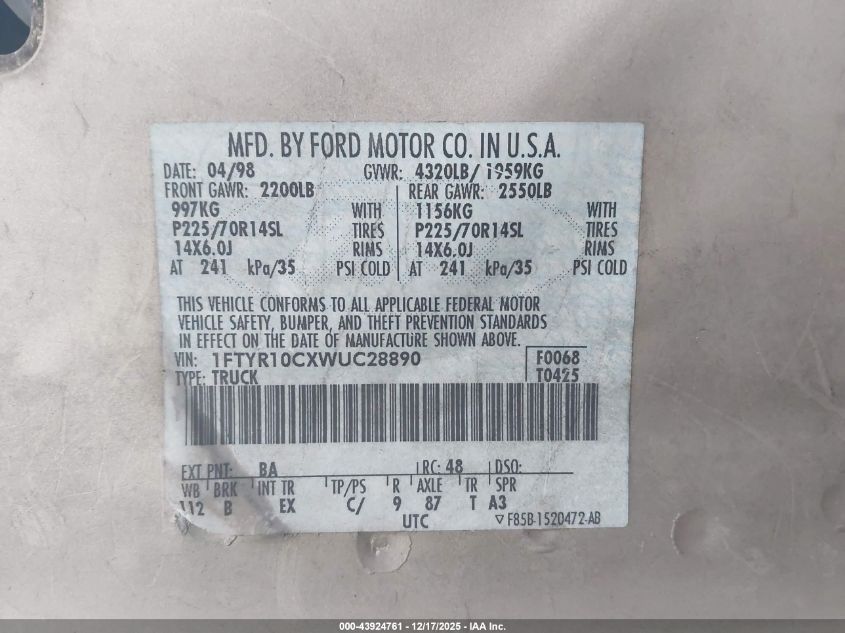 1998 Ford Ranger Splash/Xl/Xlt VIN: 1FTYR10CXWUC28890 Lot: 43924761