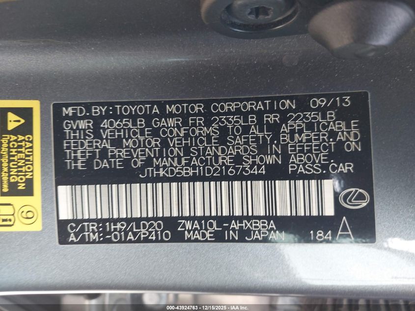 2013 Lexus Ct 200H VIN: JTHKD5BH1D2167344 Lot: 43924763