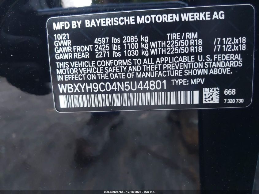 2022 BMW X2 Sdrive28I VIN: WBXYH9C04N5U44801 Lot: 43924765