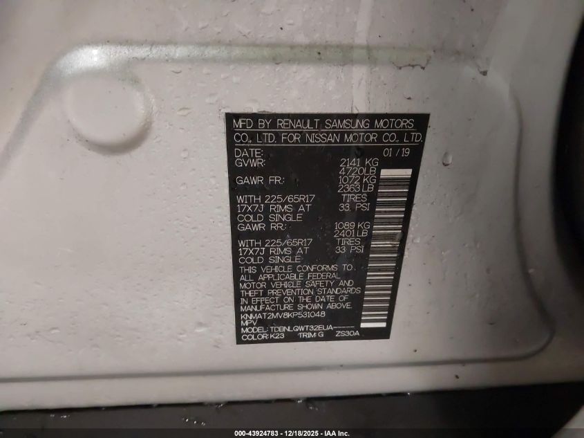 2019 Nissan Rogue Sv VIN: KNMAT2MV8KP531048 Lot: 43924783