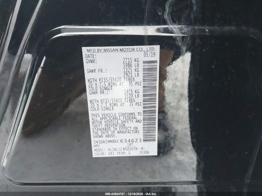 2019 Nissan Pathfinder Platinum VIN: 5N1DR2MM8KC634623 Lot: 43924787