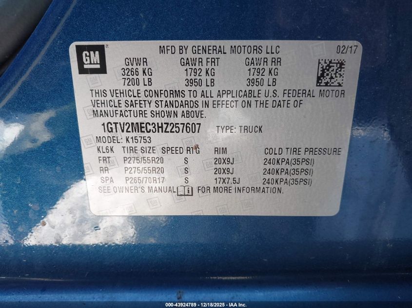 2017 GMC Sierra 1500 Sle VIN: 1GTV2MEC3HZ257607 Lot: 43924789