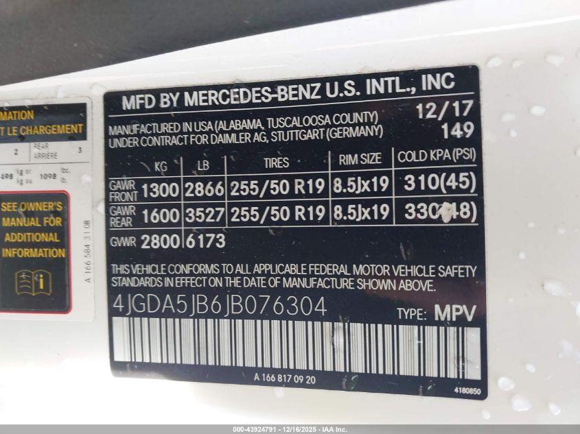 2018 Mercedes-Benz Gle 350 VIN: 4JGDA5JB6JB076304 Lot: 43924791