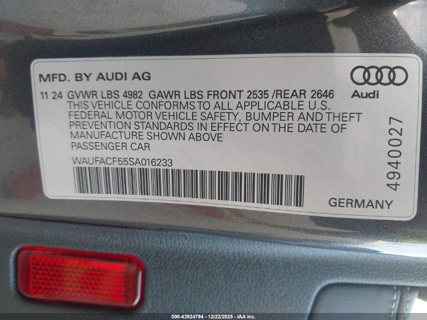 2025 Audi A5 Sportback Premium Plus 45 Tfsi S Line Quattro S Tronic VIN: WAUFACF55SA016233 Lot: 43924794