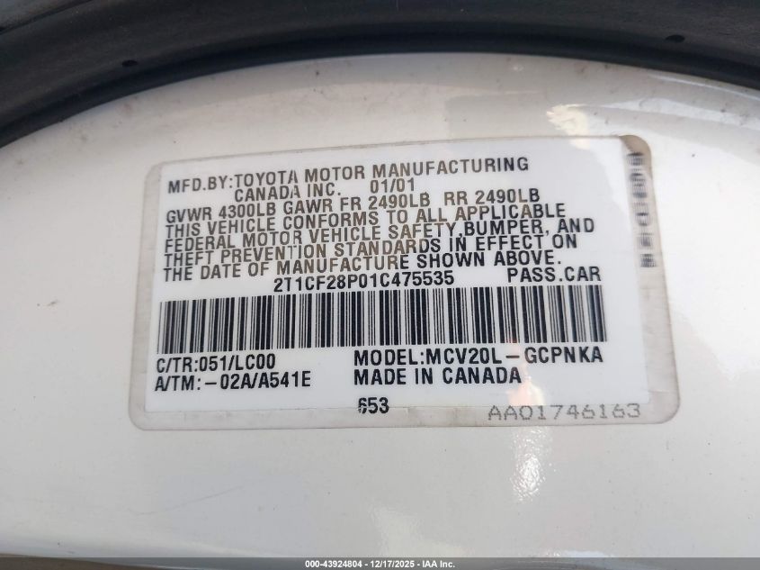 2001 Toyota Camry Solara Sle V6 VIN: 2T1CF28P01C475535 Lot: 43924804