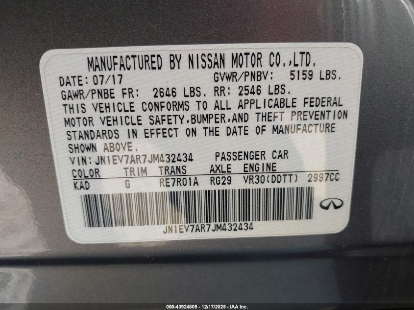 2018 Infiniti Q50 3.0T Luxe VIN: JN1EV7AR7JM432434 Lot: 43924805