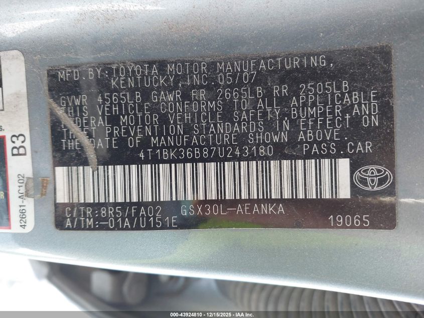 2007 Toyota Avalon Xl VIN: 4T1BK36B87U243180 Lot: 43924810