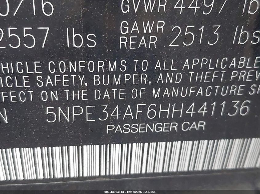 2017 Hyundai Sonata Sport VIN: 5NPE34AF6HH441136 Lot: 43924813