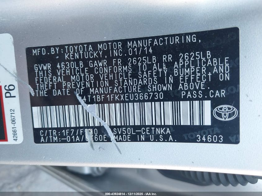 2014 Toyota Camry Le VIN: 4T1BF1FKXEU366730 Lot: 43924814