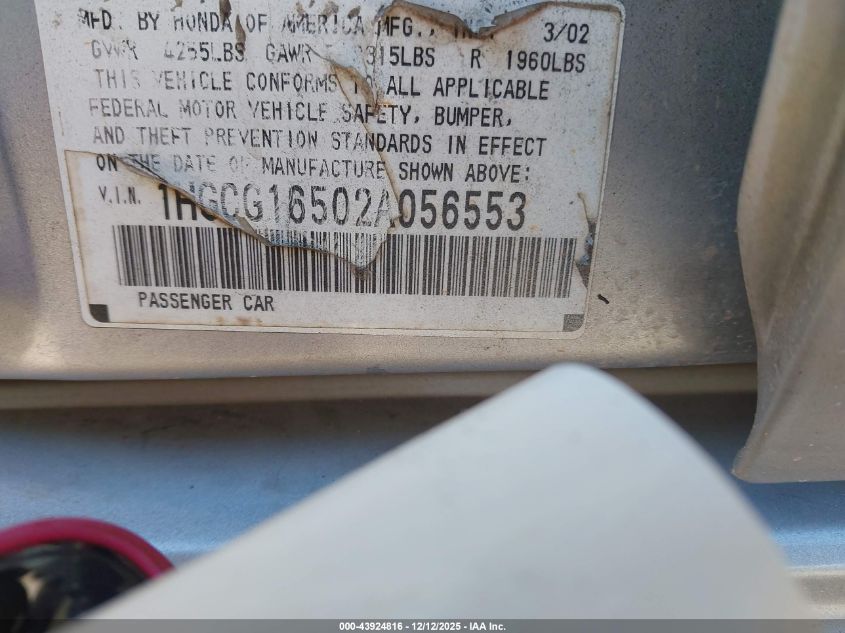 2002 Honda Accord 3.0 Ex VIN: 1HGCG16502A056553 Lot: 43924816