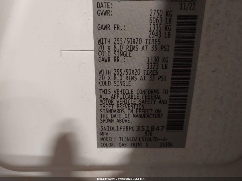 2023 Infiniti Qx60 Luxe Awd VIN: 5N1DL1FS8PC351847 Lot: 43924823