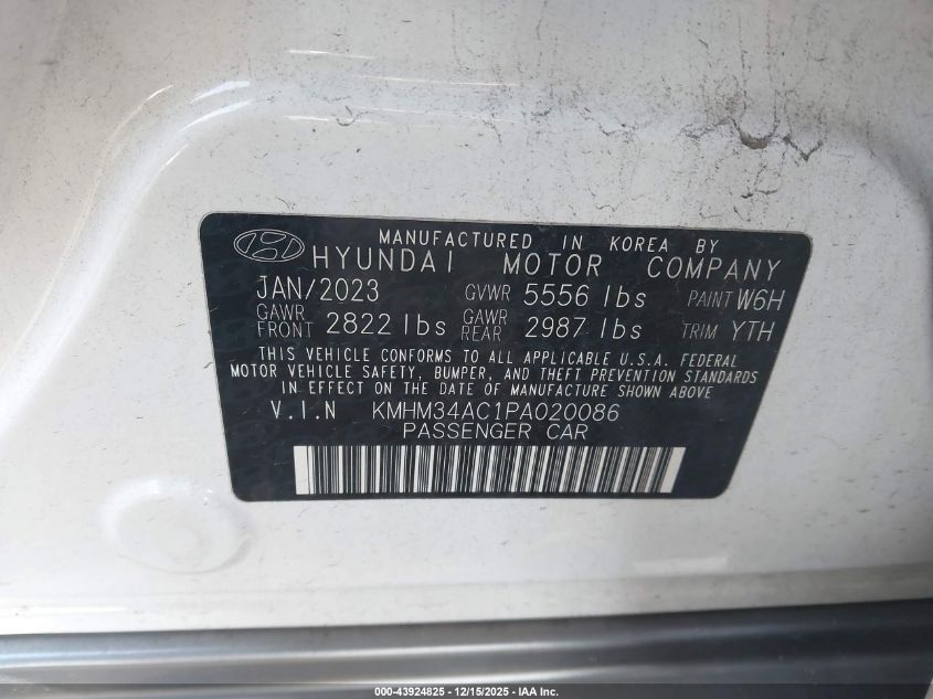 2023 Hyundai Ioniq 6 Sel VIN: KMHM34AC1PA020086 Lot: 43924825