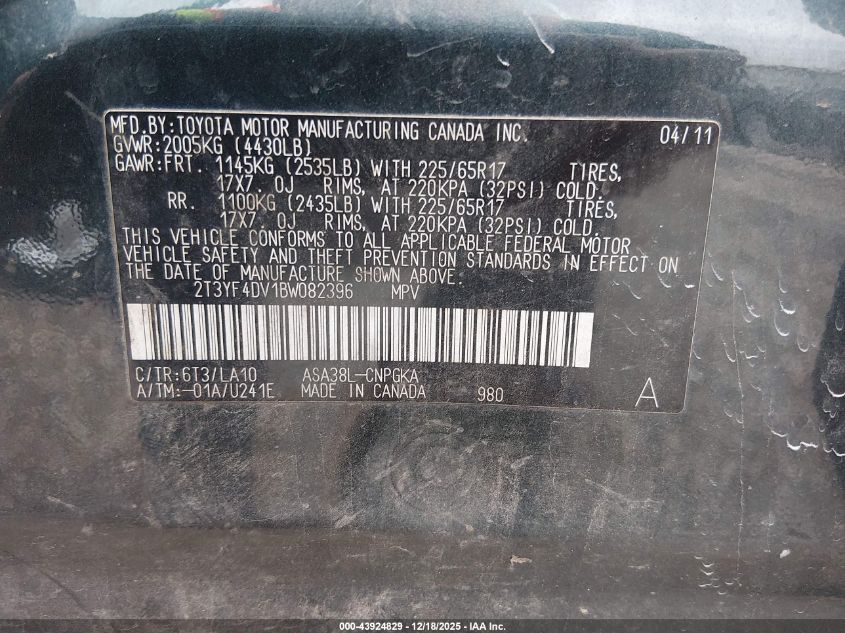 2011 Toyota Rav4 Limited VIN: 2T3YF4DV1BW082396 Lot: 43924829