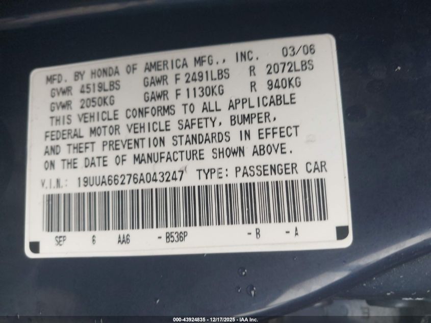 2006 Acura Tl VIN: 19UUA66276A043247 Lot: 43924835