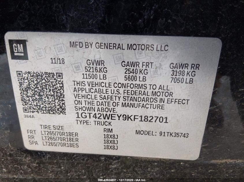 2019 GMC Sierra 3500Hd Denali VIN: 1GT42WEY9KF182701 Lot: 43924837