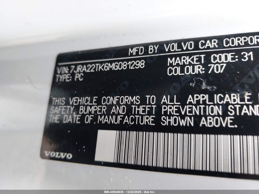 2021 Volvo S60 T6 Momentum VIN: 7JRA22TK6MG081298 Lot: 43924838